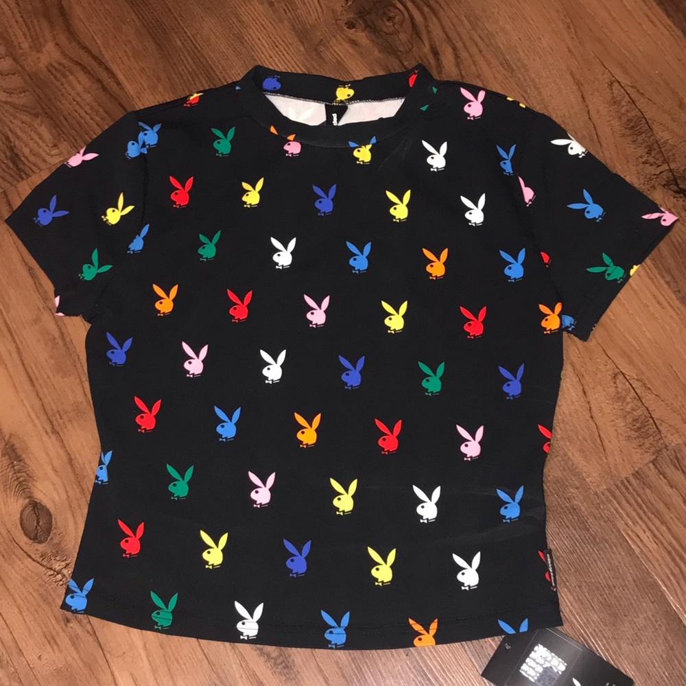 BRAND NEW WITH TAGS Playboy Black Tee with Multicolor Bunny Print